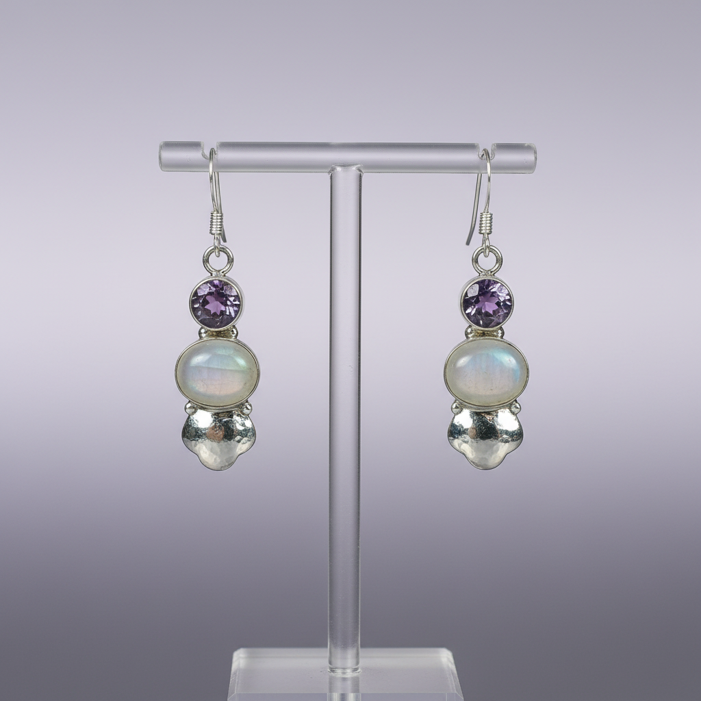 boucles en argent et pierres de lune avec améthystes nacrelune.com boucles d'oreille