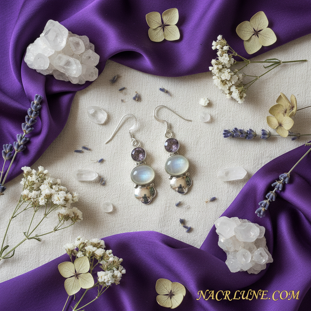 boucles en argent et pierres de lune avec améthystes NACRELUNE boucles d'oreille
