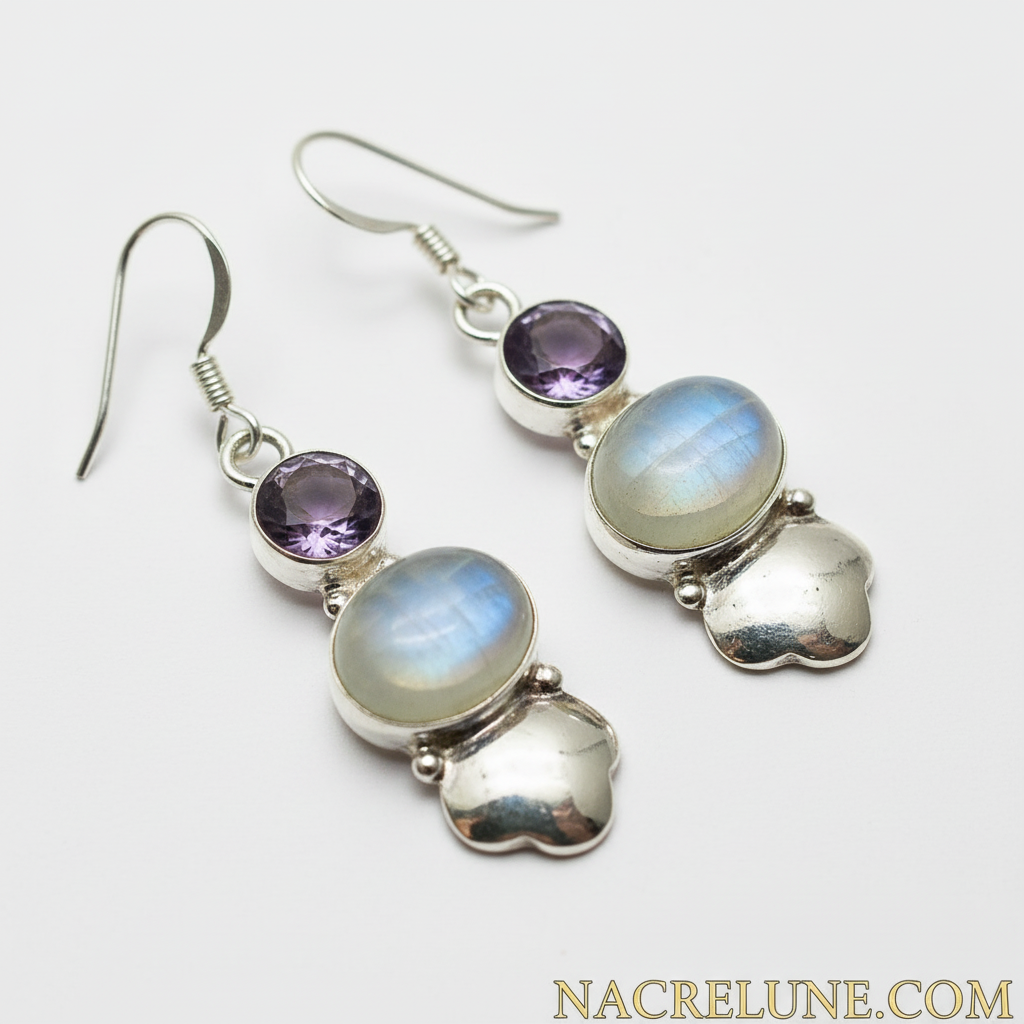 boucles en argent et pierres de lune avec améthystes NACRELUNE boucles d'oreille