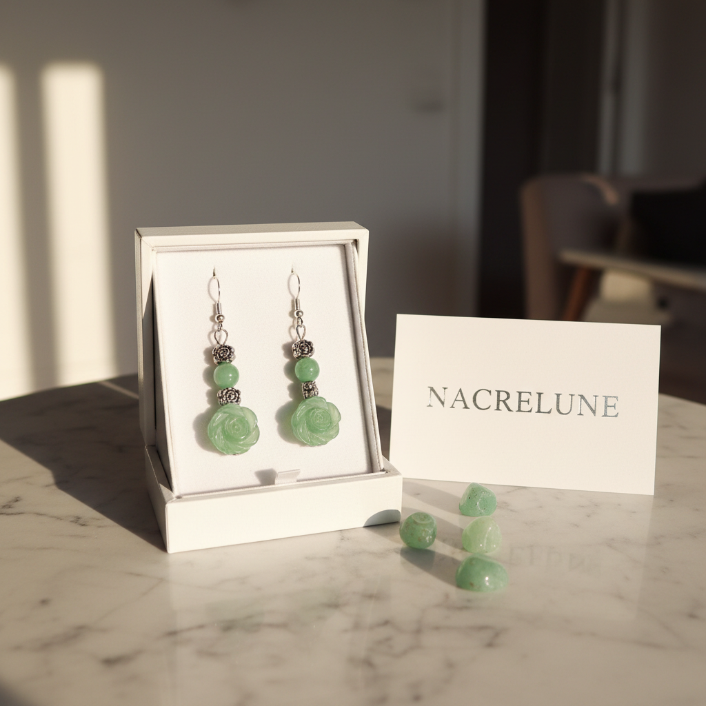 Boucles d'Oreilles Aventurine Pierre Naturelle Verte nacrelune.com boucles d'oreille