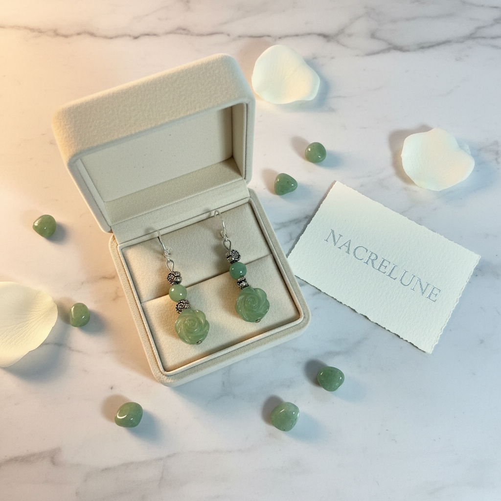 Boucles d'Oreilles Aventurine Pierre Naturelle Verte nacrelune.com boucles d'oreille