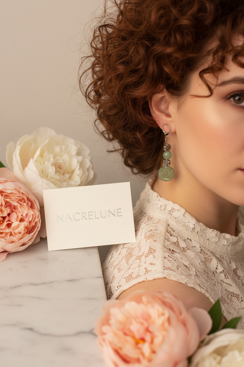 Boucles d'Oreilles Aventurine Pierre Naturelle Verte nacrelune.com boucles d'oreille