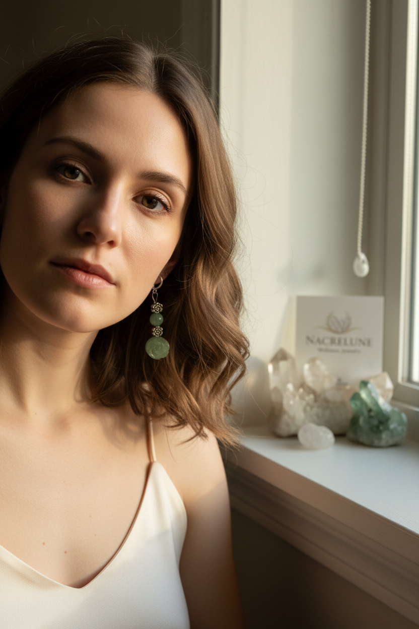 Boucles d'Oreilles Aventurine Pierre Naturelle Verte nacrelune.com boucles d'oreille