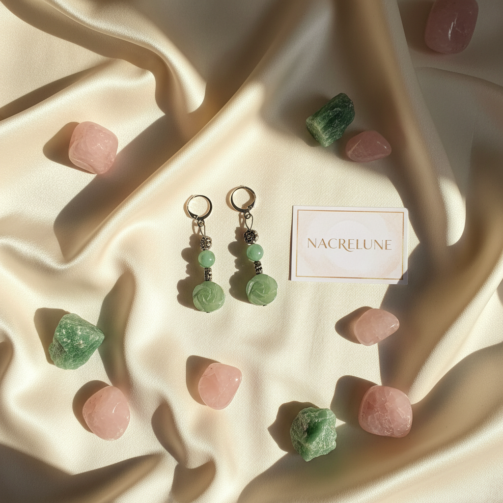 Boucles d'Oreilles Aventurine Pierre Naturelle Verte nacrelune.com boucles d'oreille