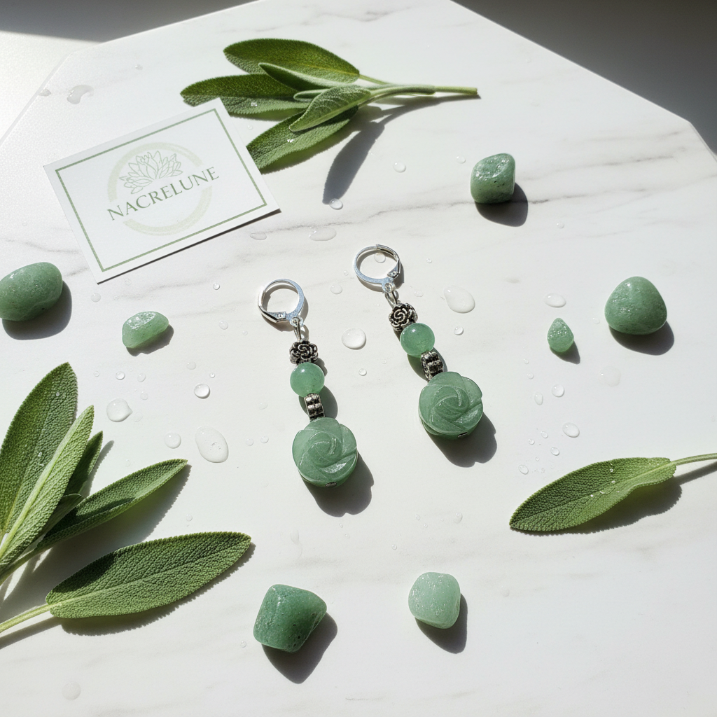 Boucles d'Oreilles Aventurine Pierre Naturelle Verte nacrelune.com boucles d'oreille