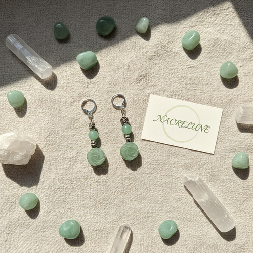 Boucles d'Oreilles Aventurine Pierre Naturelle Verte nacrelune.com boucles d'oreille