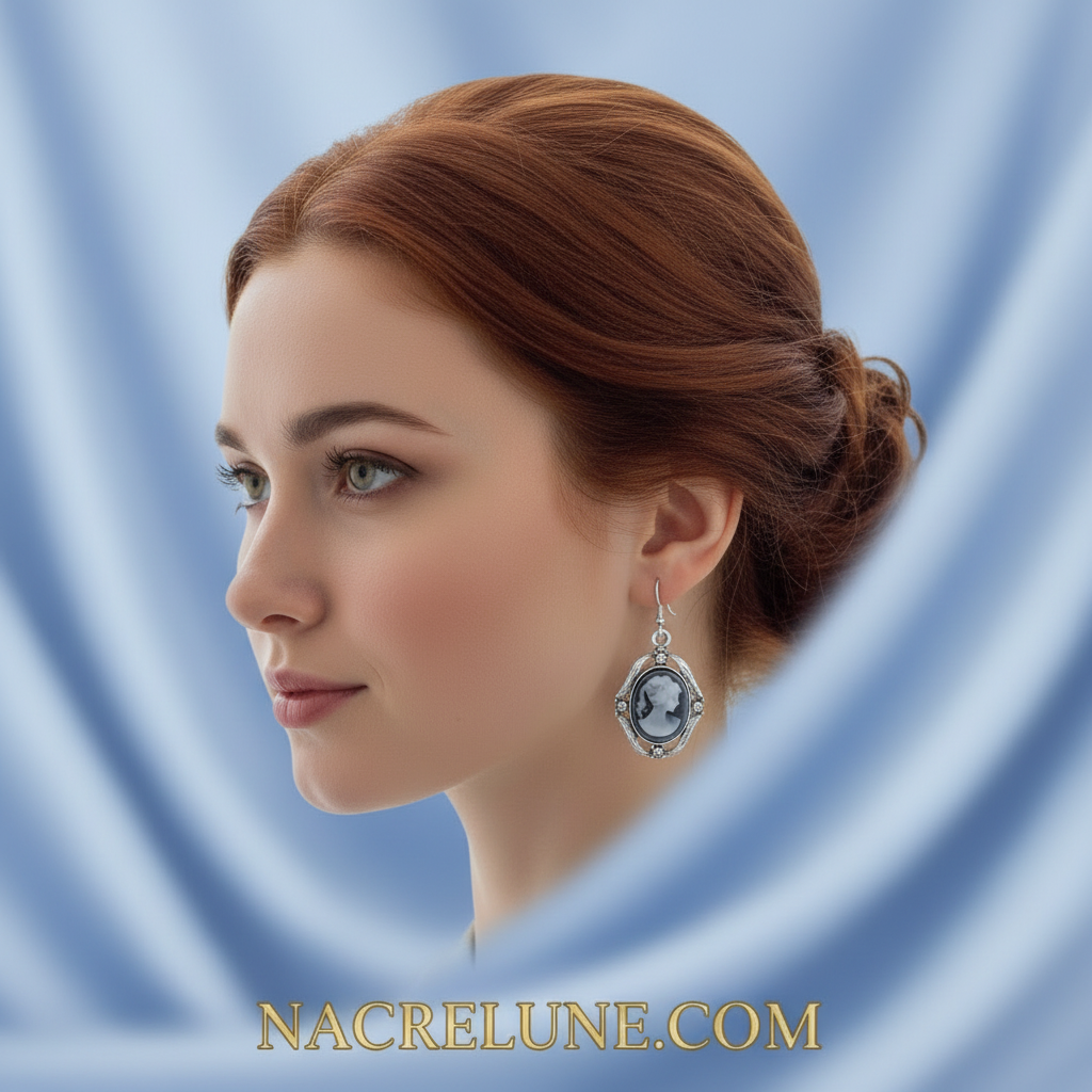 Boucles d'oreille fantaisie camée bleu strass gris nacrelune.com boucles d'oreille