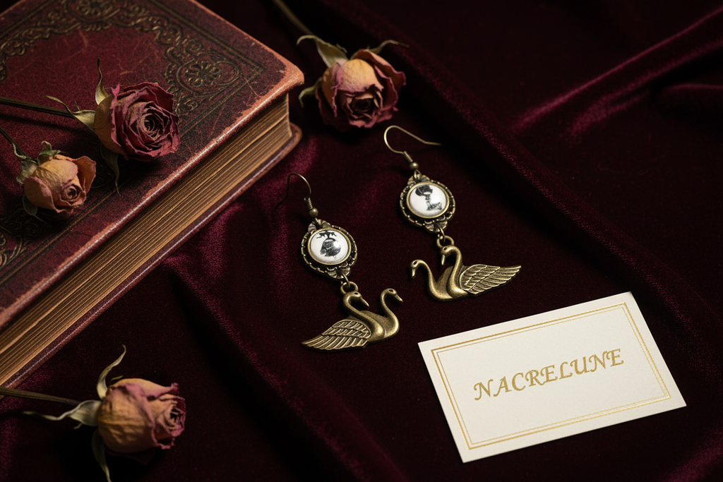 Boucles d’oreille cygnes avec camée nacrelune.com boucles d'oreille