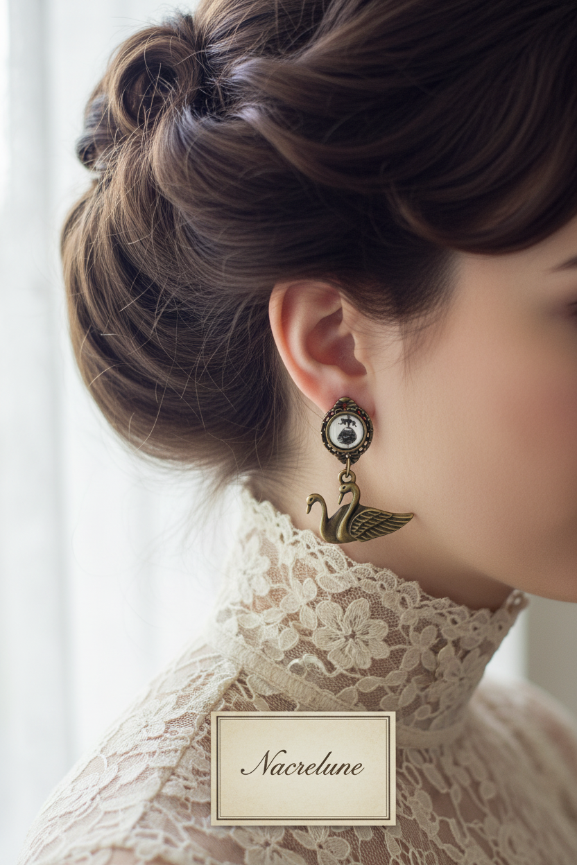 Boucles d’oreille cygnes avec camée nacrelune.com boucles d'oreille