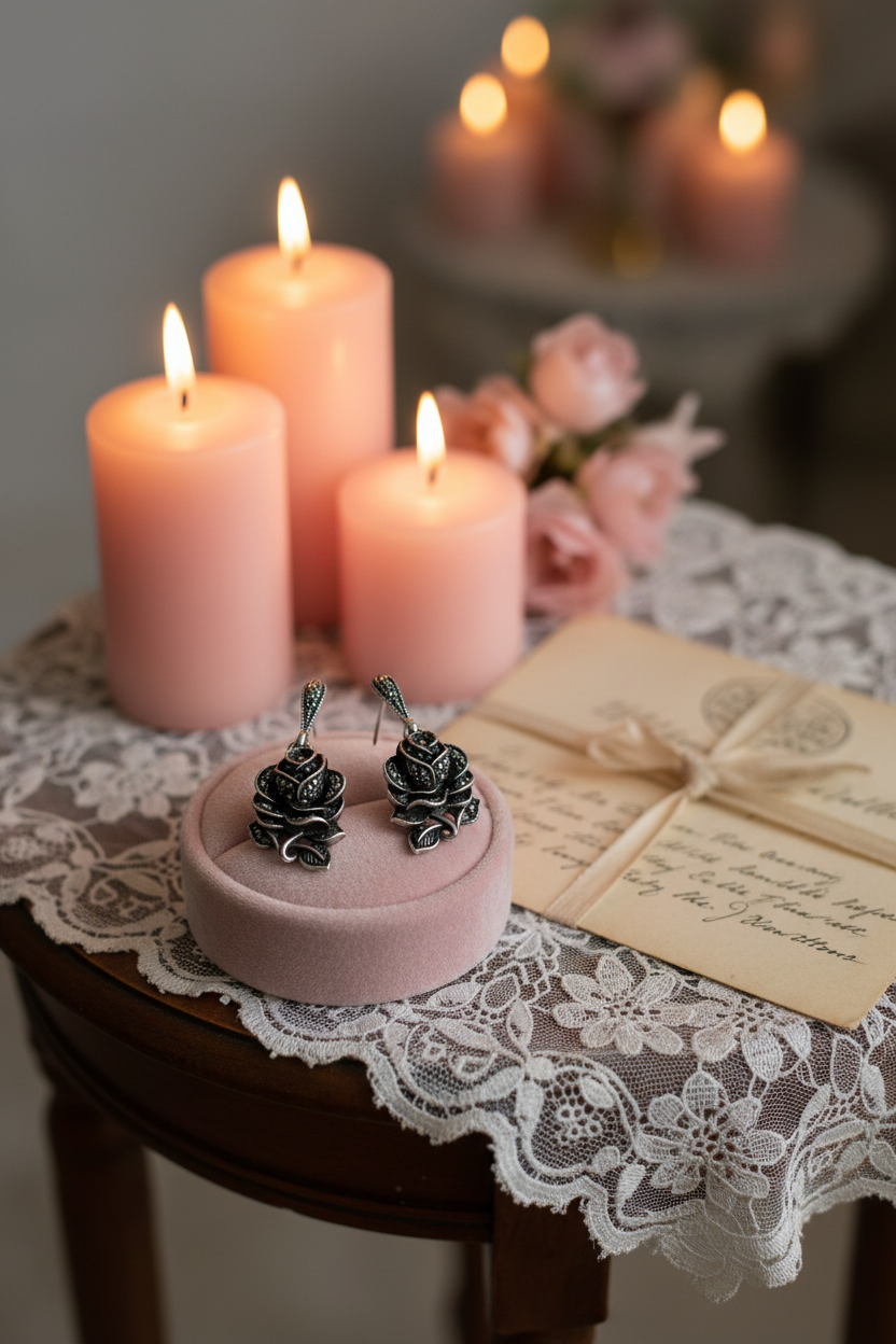 Boucles d’oreille en argent et marcassites en forme de rose nacrelune.com boucles d'oreille