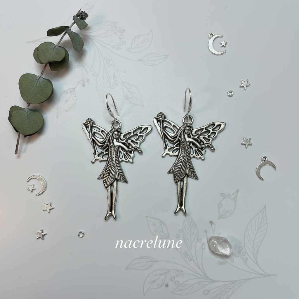 Boucles d'Oreille Fée Argentée Style Art Nouveau | Bijou Féerique – Nacrelune NACRELUNE boucles d'oreille