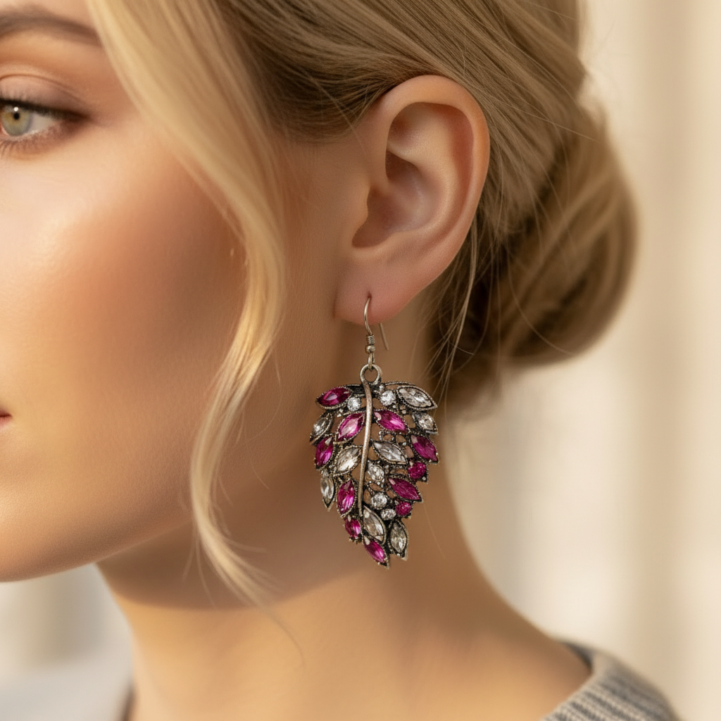 Boucles d'oreille fantaisie strass en forme de feuilles nacrelune.com boucles d'oreille