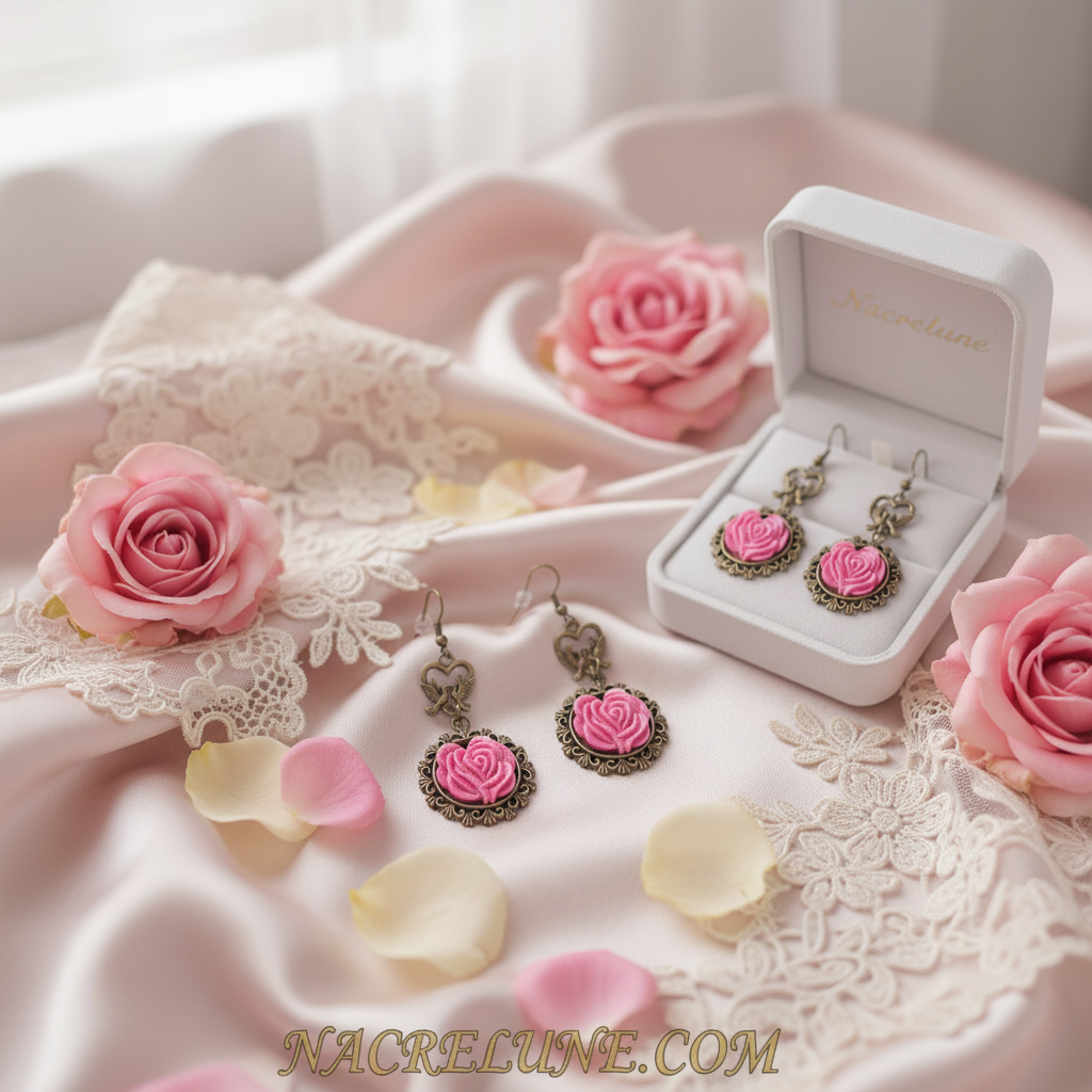 Boucles d’oreille romantiques avec fleurs roses nacrelune.com boucles d'oreille