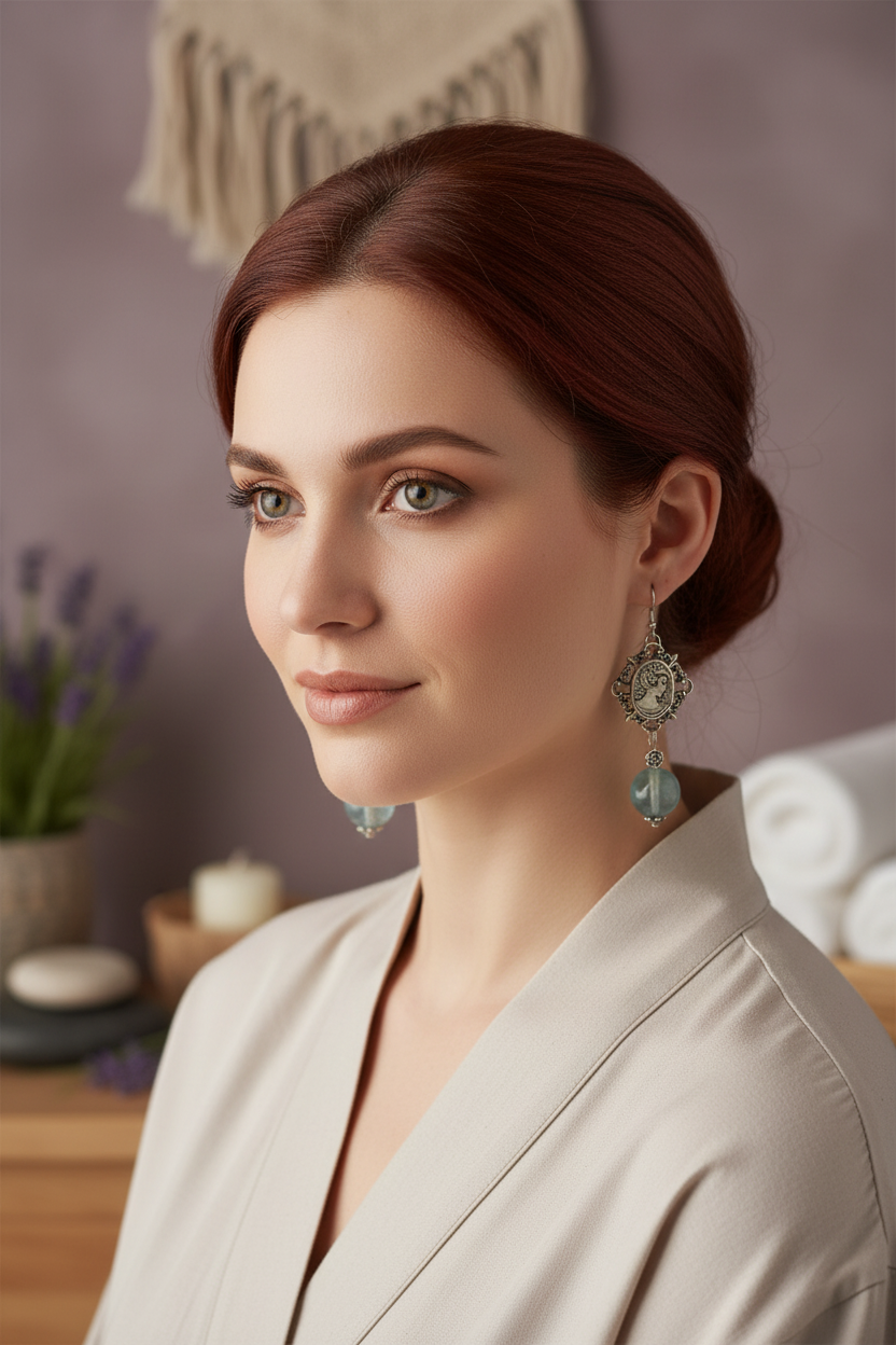 Boucles d'oreille en fluorite naturelle avec camée nacrelune.com boucles d'oreille