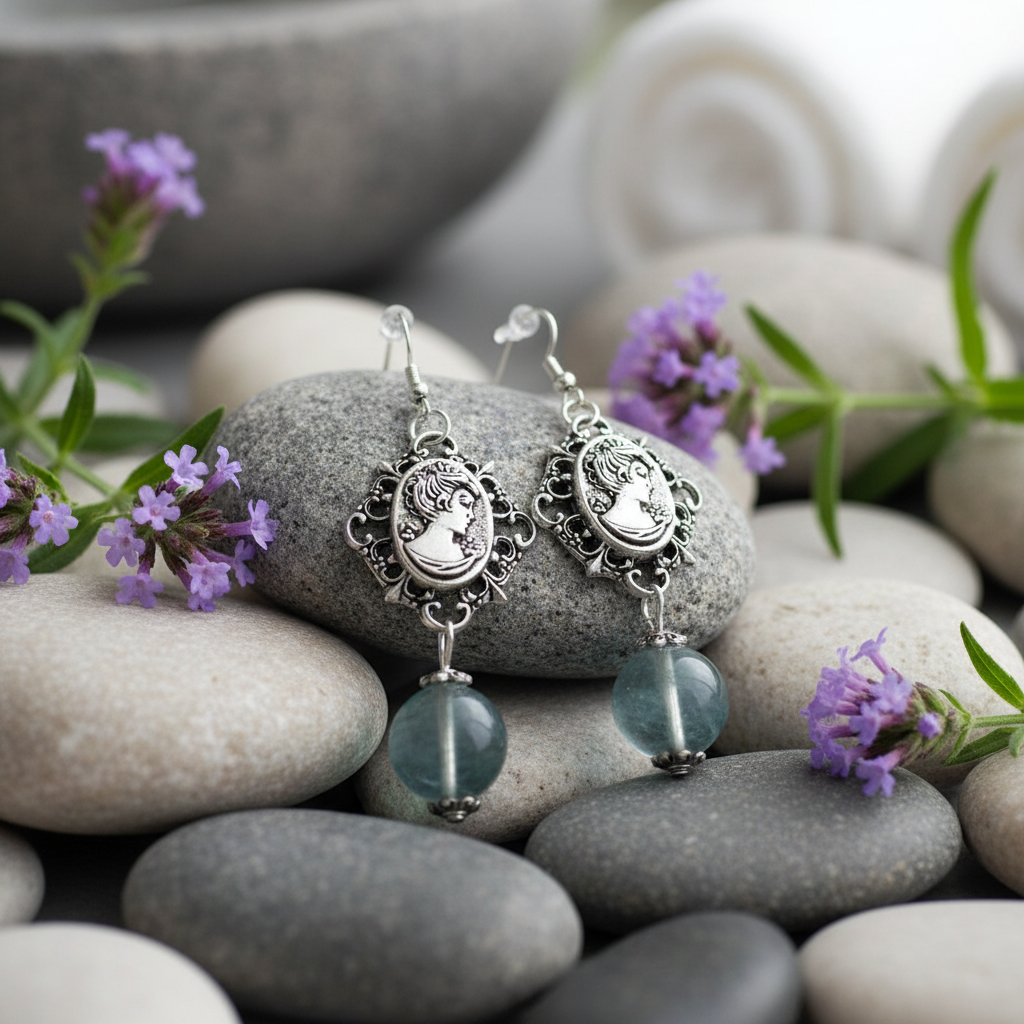 Boucles d'oreille en fluorite naturelle avec camée nacrelune.com boucles d'oreille