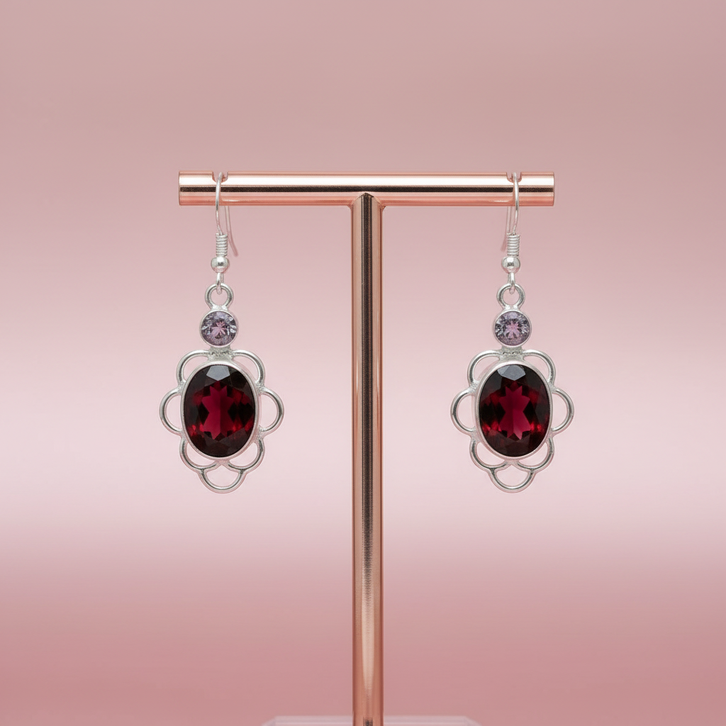 Boucles d'oreille en argent avec grenat et topaze rose nacrelune.com boucles d'oreille