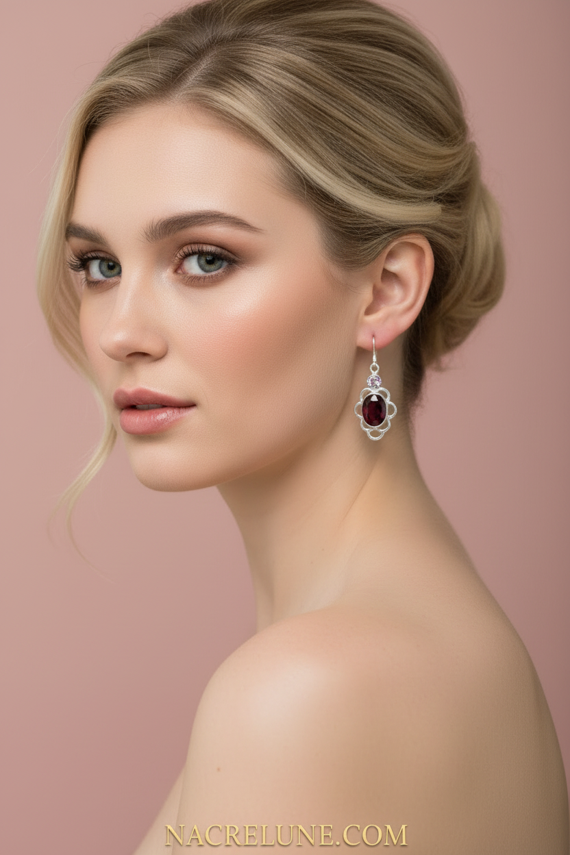 Boucles d'oreille en argent avec grenat et topaze rose nacrelune.com boucles d'oreille