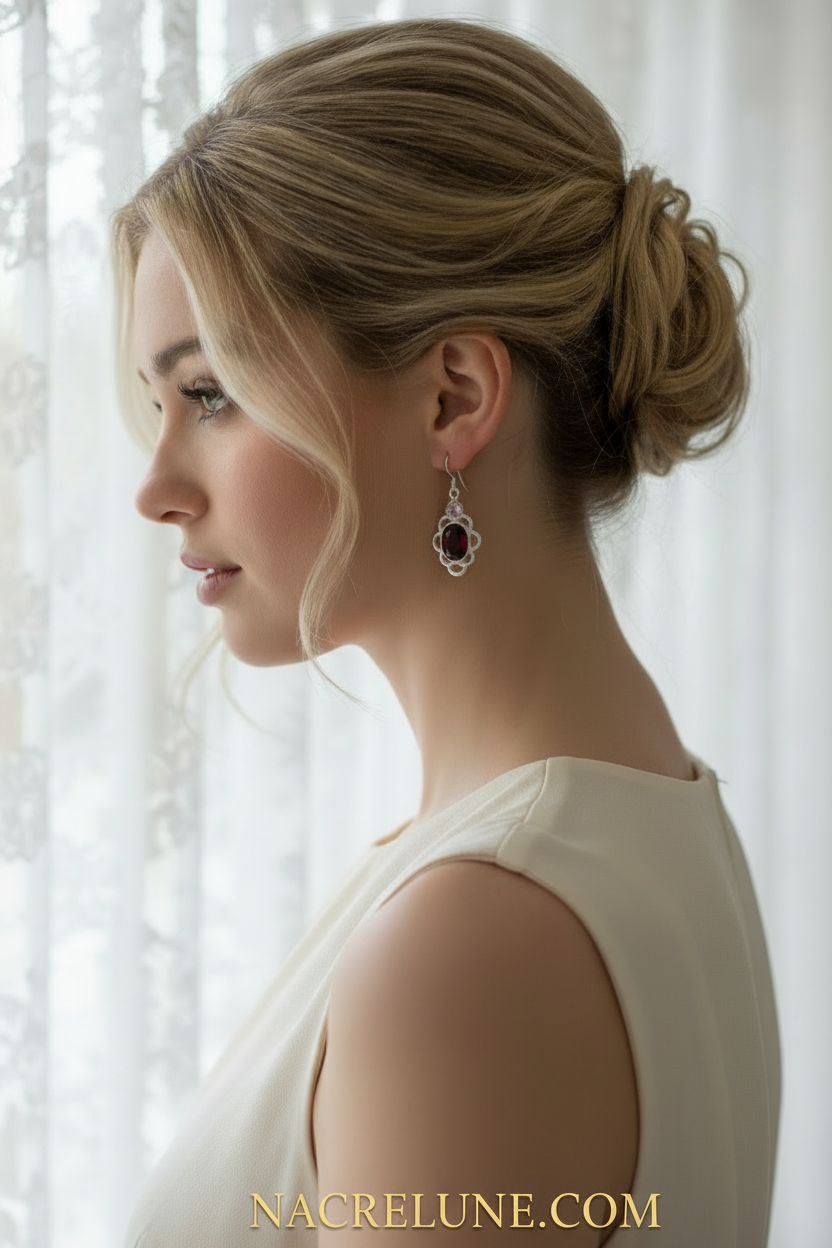 Boucles d'oreille en argent avec grenat et topaze rose nacrelune.com boucles d'oreille