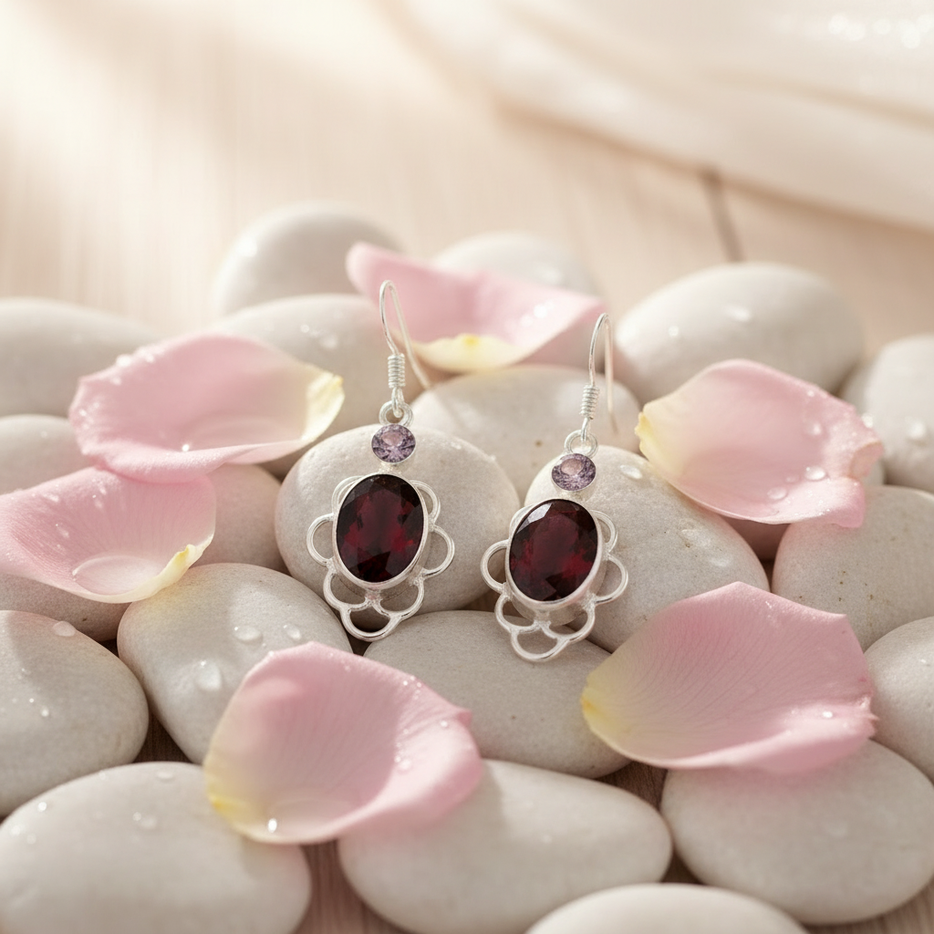 Boucles d'oreille en argent avec grenat et topaze rose nacrelune.com boucles d'oreille