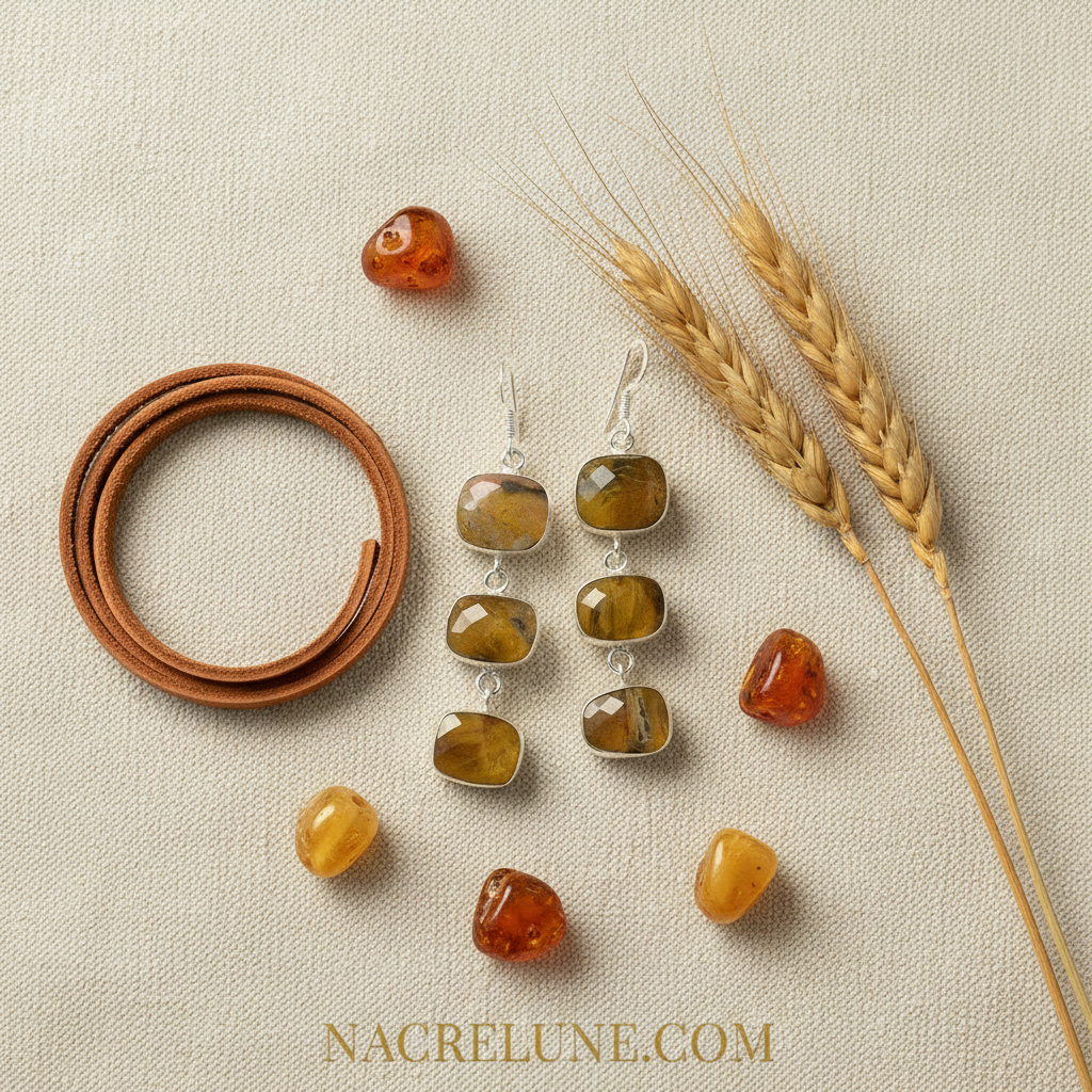 Boucles d'oreille en argent avec oeil du tigre taillé nacrelune.com boucles d'oreille