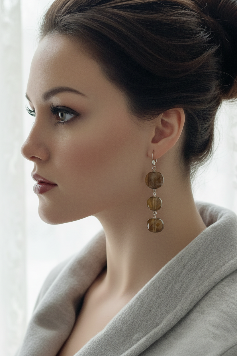 Boucles d'oreille en argent avec oeil du tigre taillé NACRELUNE boucles d'oreille