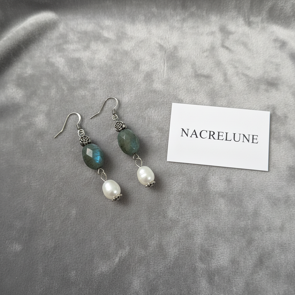 Boucles d'Oreilles Labradorite Perles Culture Naturelles nacrelune.com boucles d'oreille