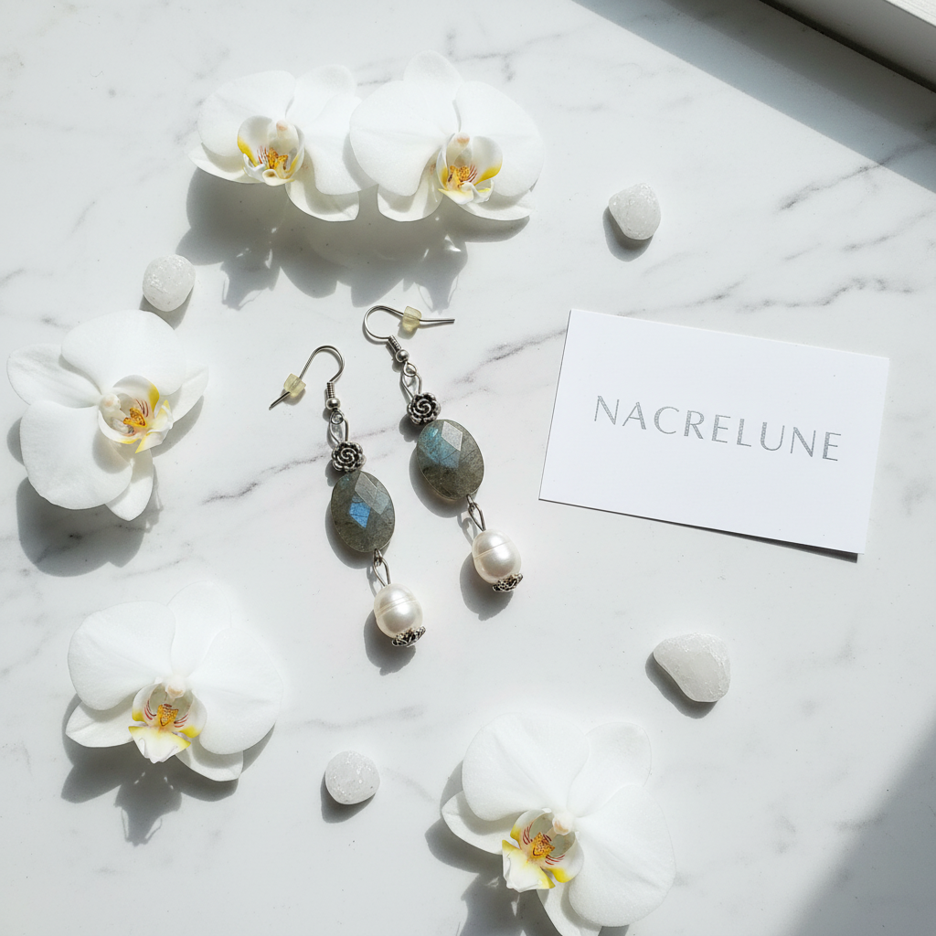 Boucles d'Oreilles Labradorite Perles Culture Naturelles nacrelune.com boucles d'oreille
