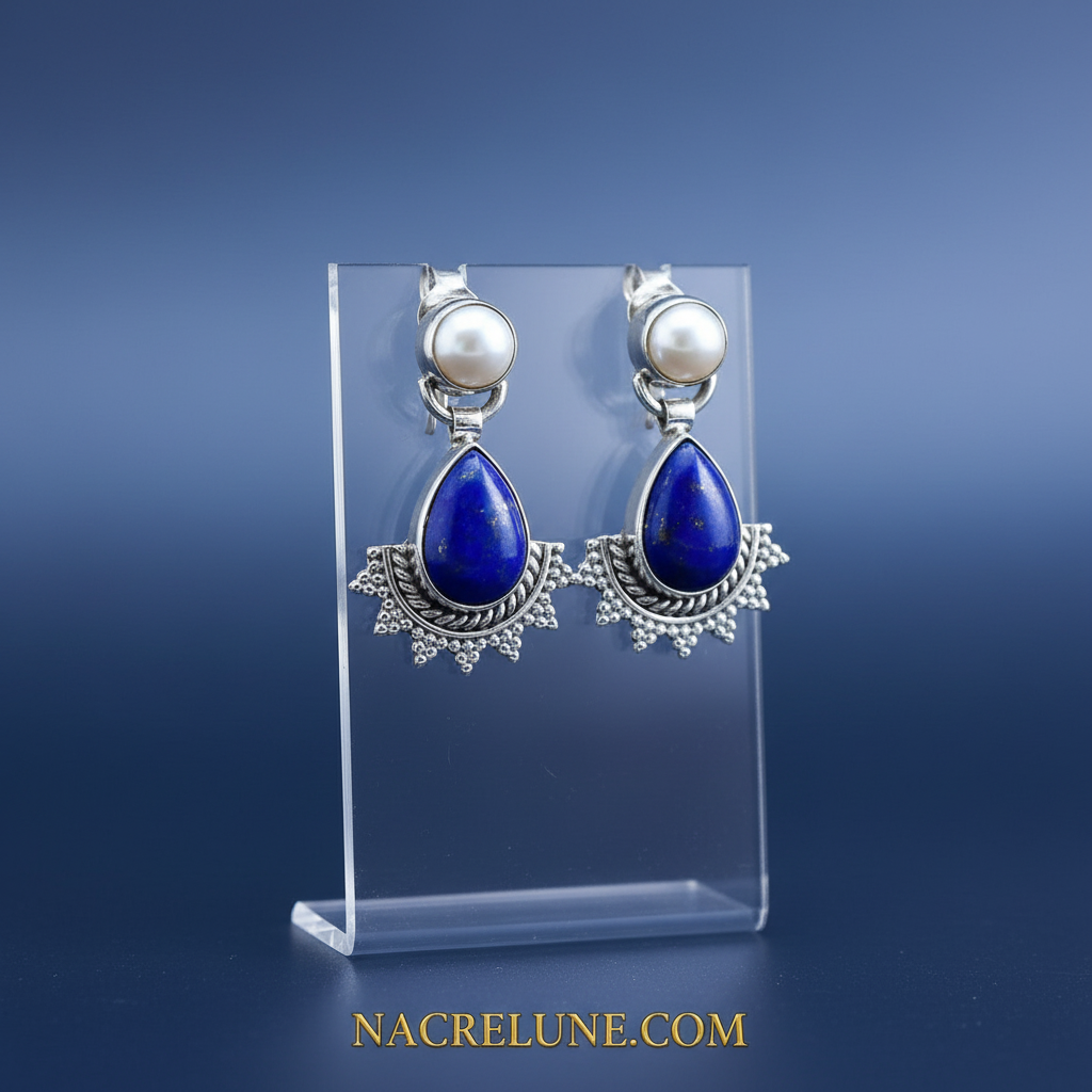 Boucles d'oreille en argent véritable avec lapis lazuli et perles nacrelune.com boucles d'oreille