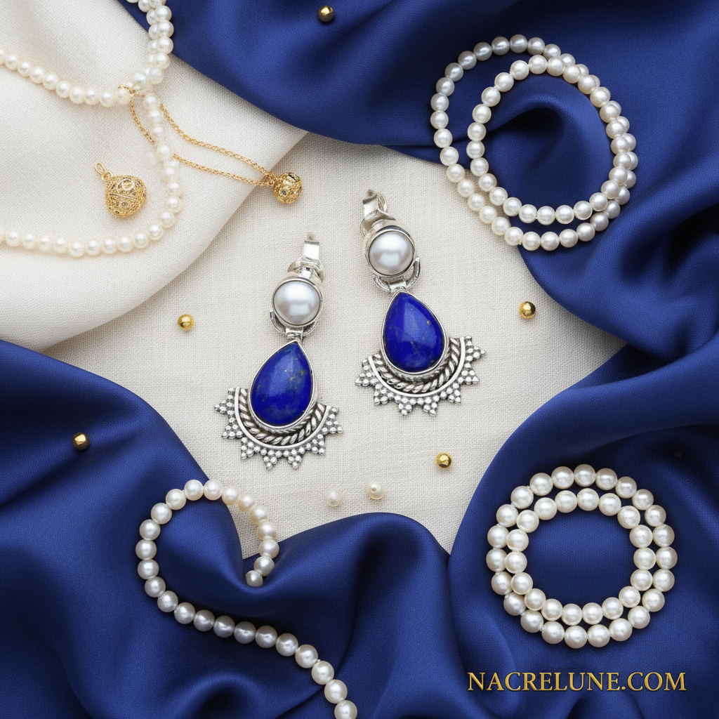 Boucles d'oreille en argent véritable avec lapis lazuli et perles NACRELUNE boucles d'oreille