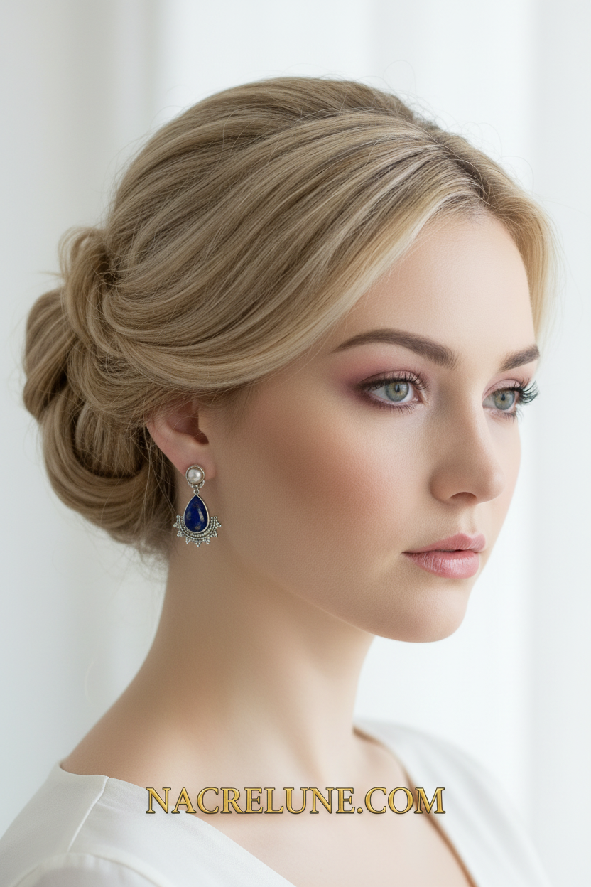 Boucles d'oreille en argent véritable avec lapis lazuli et perles nacrelune.com boucles d'oreille