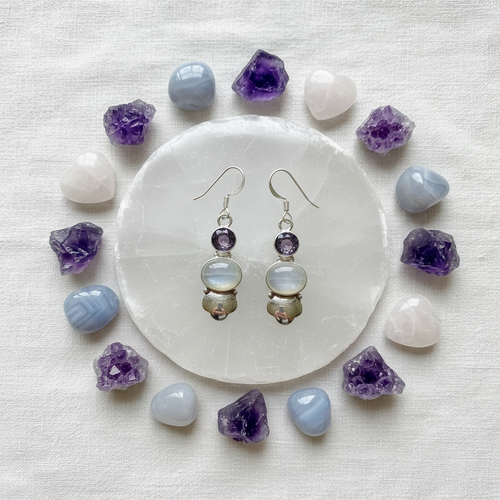 boucles en argent et pierres de lune avec améthystes nacrelune.com boucles d'oreille