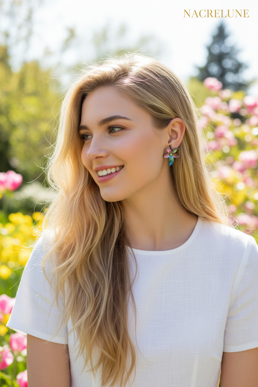 Boucles d'Oreille Fleurs en Émail Multicolore – Bijou Fantaisie Coloré | NACRELUNE NACRELUNE Boucles d'oreille