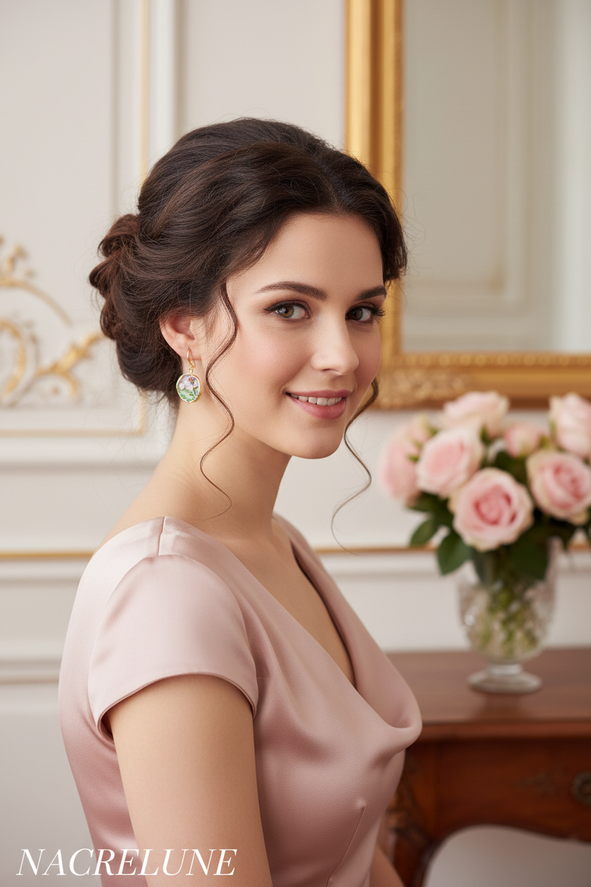 Boucles d'Oreille Émail Décoré Motif Rose – Bijou Fantaisie Féminin | NACRELUNE NACRELUNE boucles d'oreille