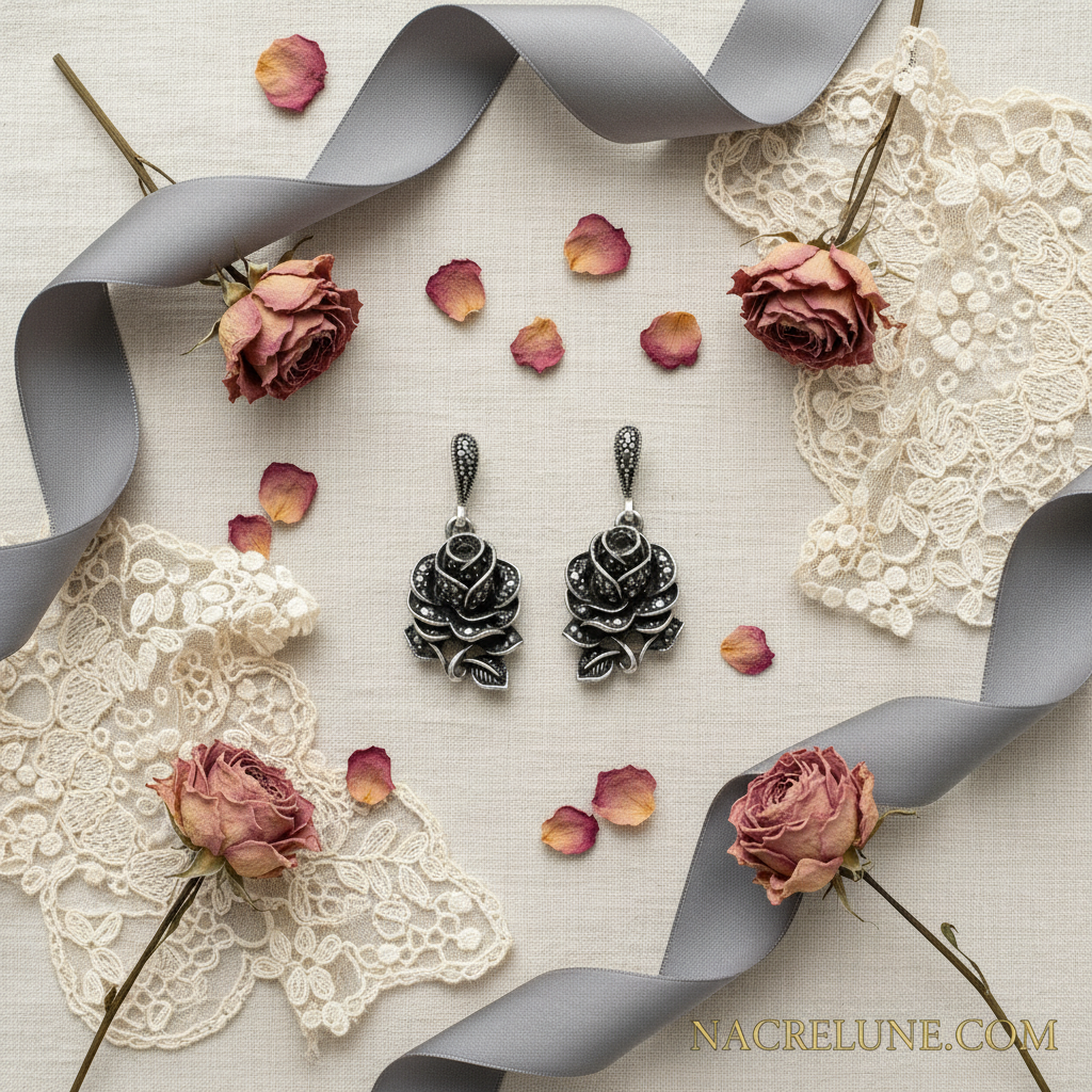 Boucles d’oreille en argent et marcassites en forme de rose nacrelune.com boucles d'oreille
