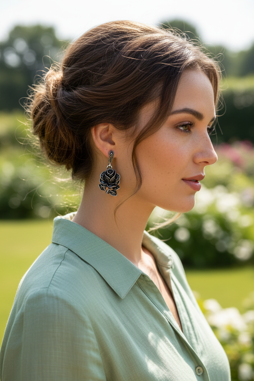 Boucles d’oreille en argent et marcassites en forme de rose nacrelune.com boucles d'oreille