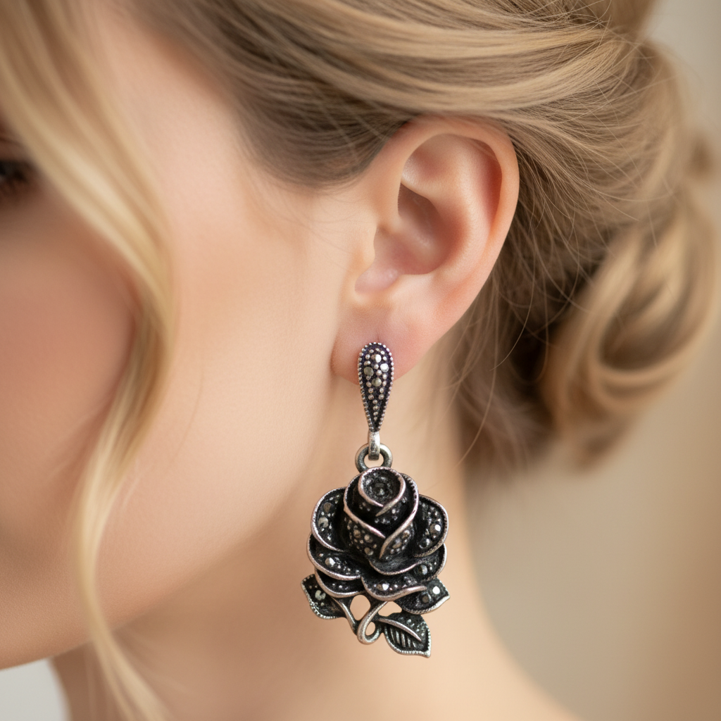Boucles d’oreille en argent et marcassites en forme de rose nacrelune.com boucles d'oreille