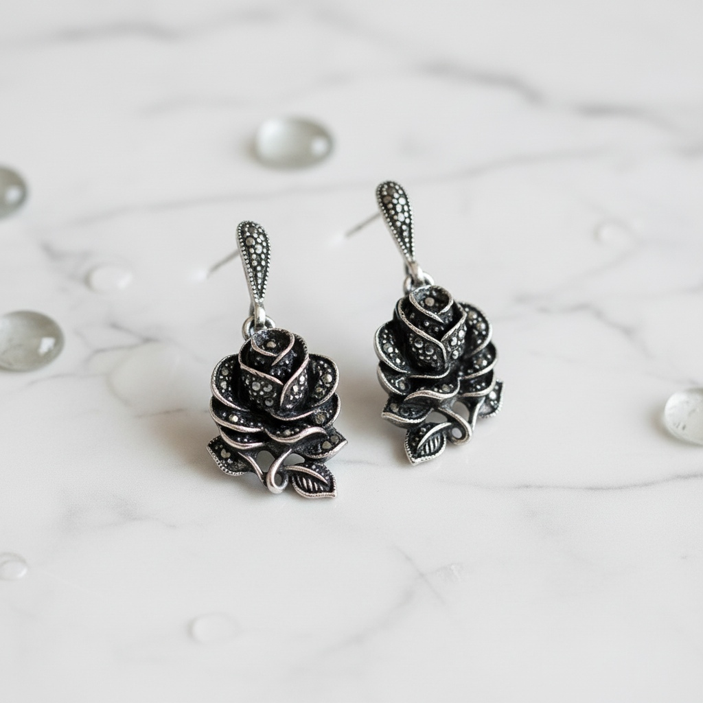 Boucles d’oreille en argent et marcassites en forme de rose nacrelune.com boucles d'oreille
