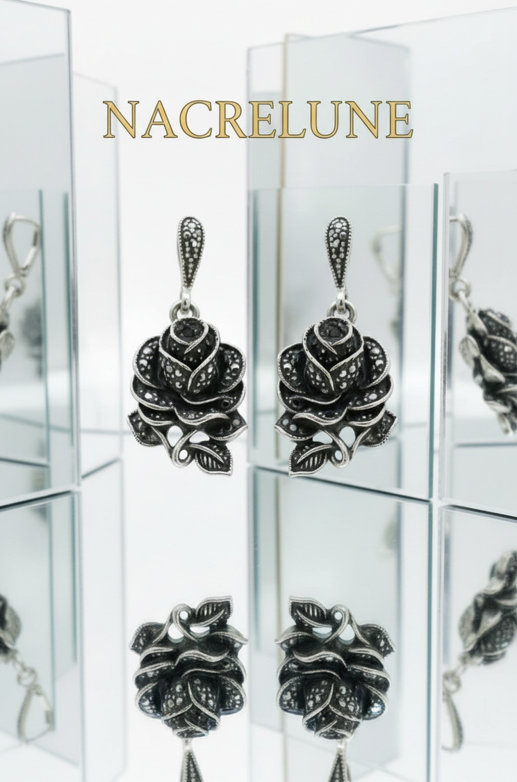 Boucles d'Oreille Argent et Marcassites Forme Rose – Bijou Floral Intemporel | NACRELUNE NACRELUNE boucles d'oreille