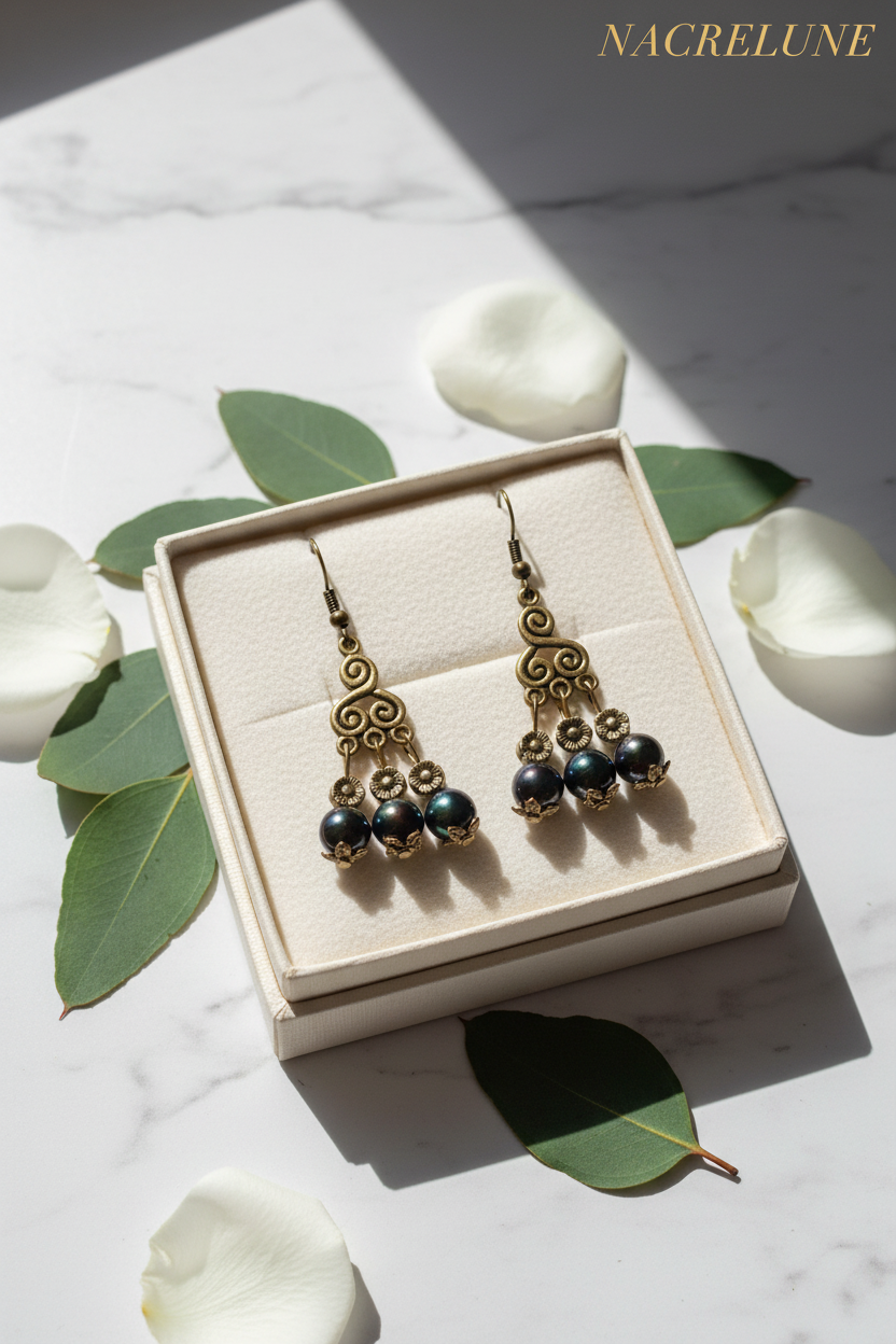 Boucles d'Oreille Perles de Nacre Noires aux Reflets Verts – Bijou Naturel Rare | NACRELUNE nacrelune.com boucles d'oreille