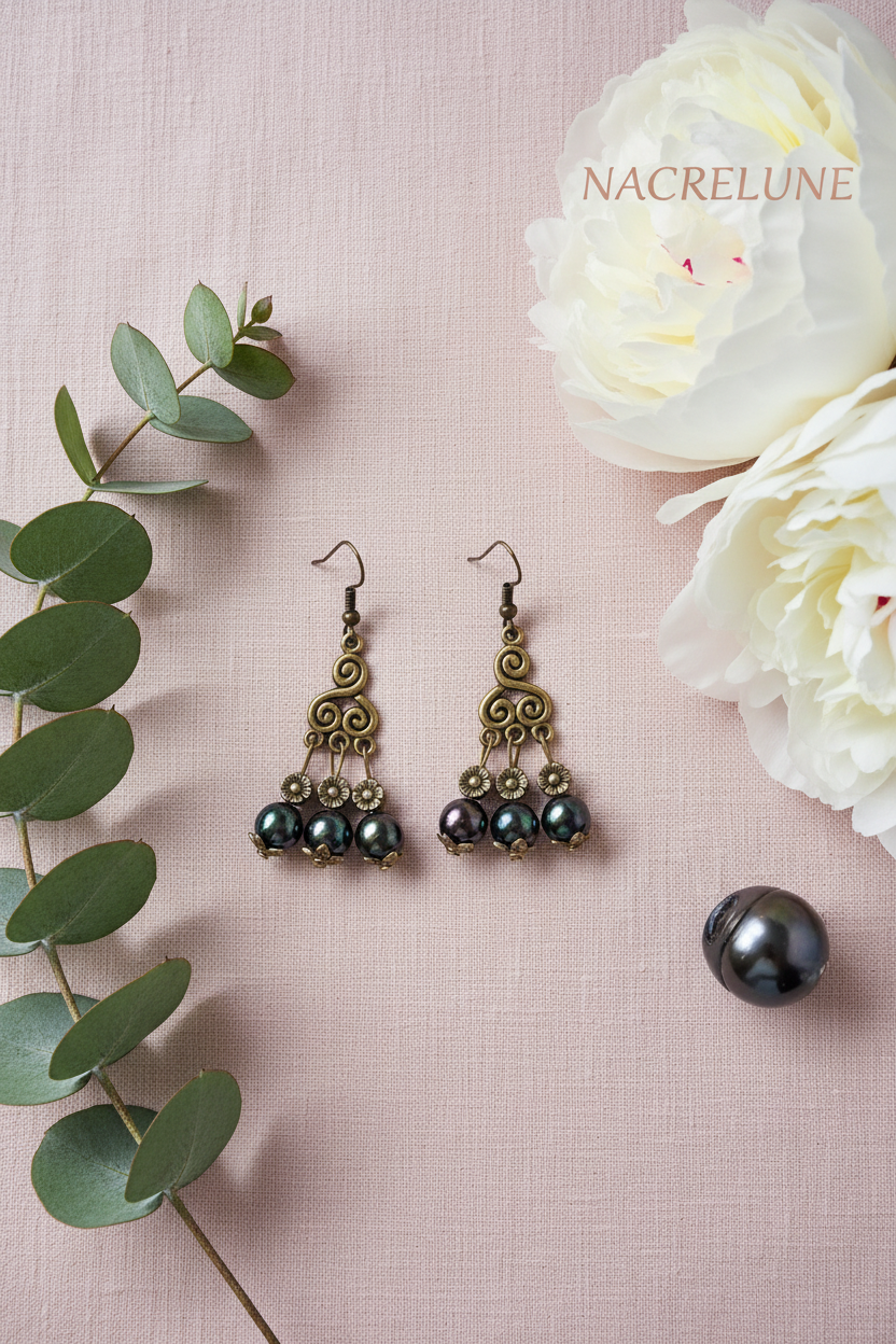 Boucles d'Oreille Perles de Nacre Noires aux Reflets Verts – Bijou Naturel Rare | NACRELUNE nacrelune.com boucles d'oreille