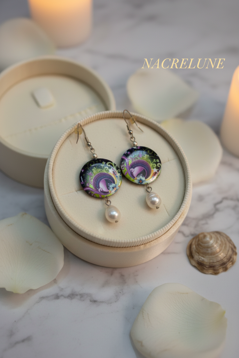 Boucles d'Oreille Nacre Décorée & Perle de Culture – Bijou Naturel Précieux | NACRELUNE NACRELUNE boucles d'oreille