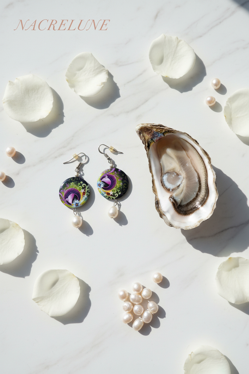 Boucles d'Oreille Nacre Décorée & Perle de Culture – Bijou Naturel Précieux | NACRELUNE NACRELUNE boucles d'oreille
