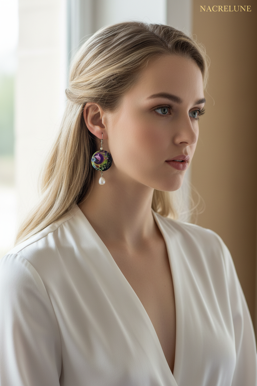 Boucles d'Oreille Nacre Décorée & Perle de Culture – Bijou Naturel Précieux | NACRELUNE NACRELUNE boucles d'oreille
