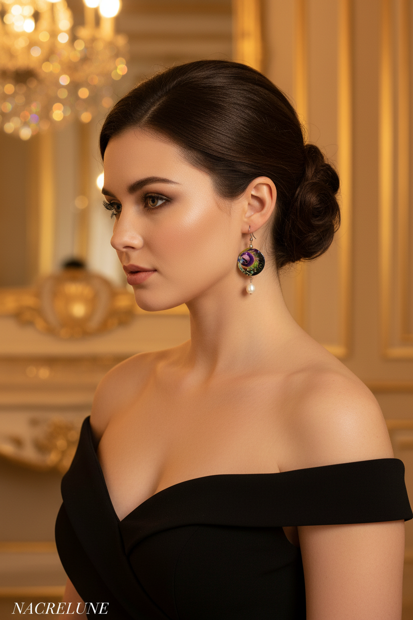 Boucles d'Oreille Nacre Décorée & Perle de Culture – Bijou Naturel Précieux | NACRELUNE nacrelune.com boucles d'oreille