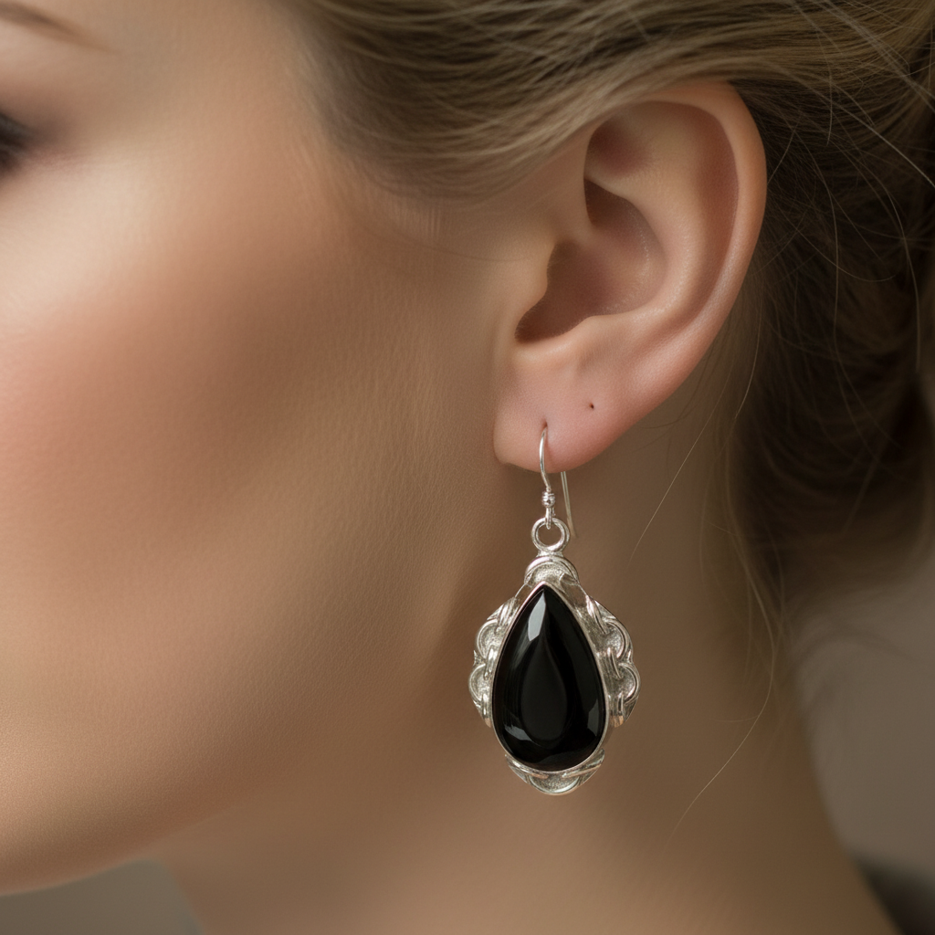 Boucles d'oreille en argent et onyx poli nacrelune.com boucles d'oreille