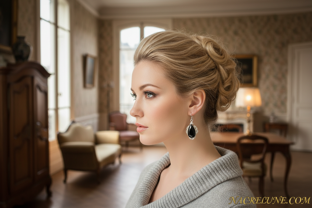 Boucles d'oreille en argent et onyx poli nacrelune.com boucles d'oreille