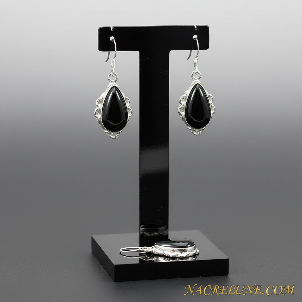 Boucles d'oreille en argent et onyx poli nacrelune.com boucles d'oreille