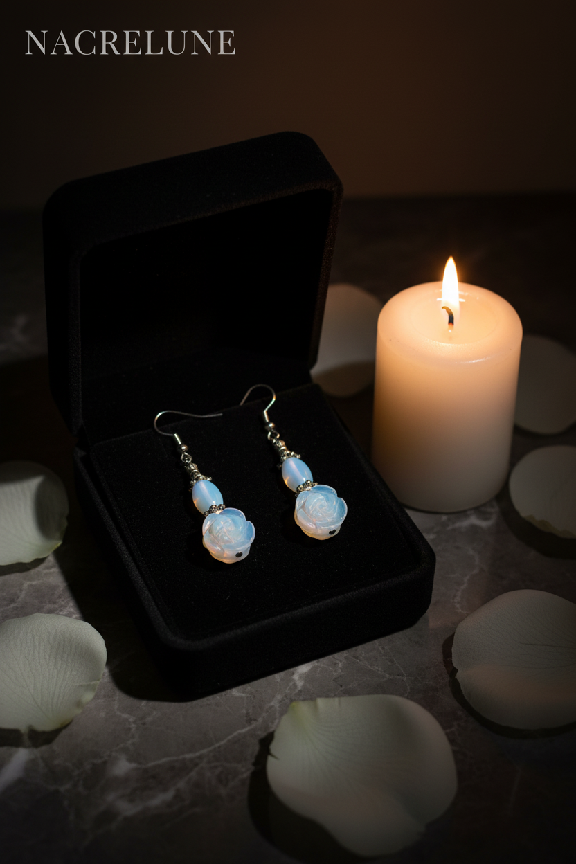 Boucles d'Oreille Fleurs en Opalite – Pierre Naturelle Iridescente | NACRELUNE nacrelune.com boucles d'oreille