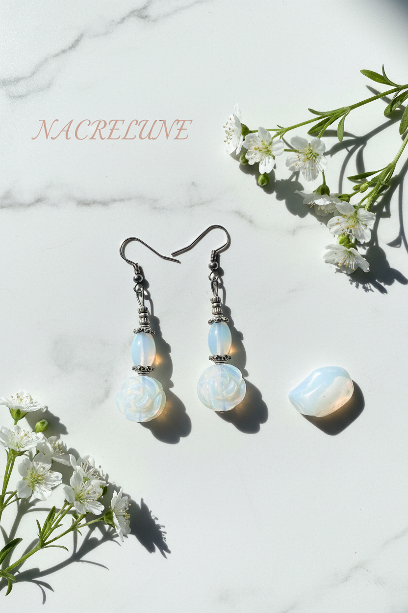 Boucles d'Oreille Fleurs en Opalite – Pierre Naturelle Iridescente | NACRELUNE nacrelune.com boucles d'oreille
