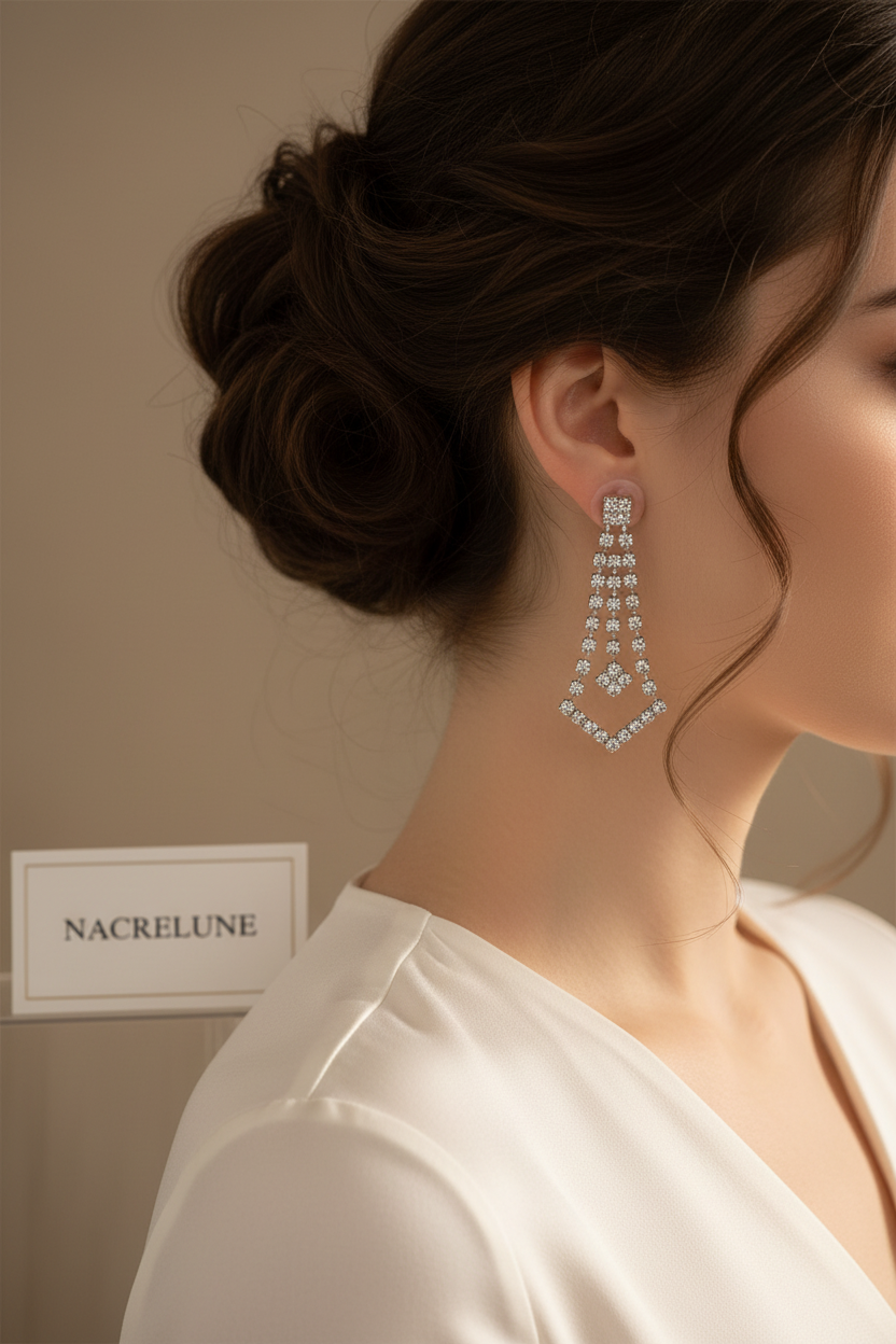 Longues boucles d'oreille en strass forme triangle nacrelune.com boucles d'oreille